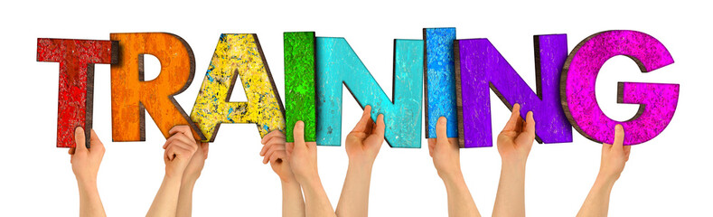 people holding up colorful rainbow wooden letter with word training isolated white background....