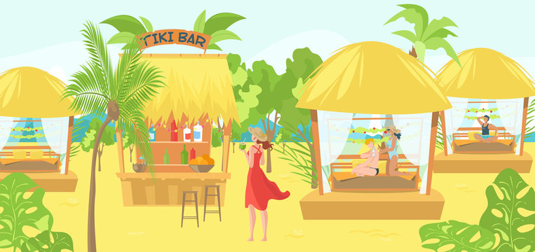 Sea bungalows for tourists and vacationers people on tropical thai resort, massage, hut for meditation and bar on vacation flat vector illustration. Thailand beach hut, bunglow services on beach.
