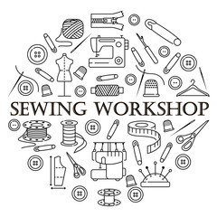 Circle banner with line icons of sewing. Template for sewing atelier, workshop. Clothing repair.