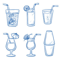 Icon set of different cocktails, long drinks and other refreshments in glasses you get at a bar, and a shaker. Hand drawn doodle vector illustration.