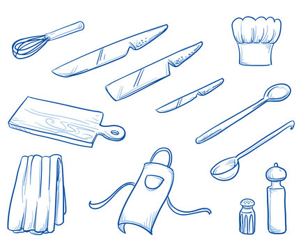 Icon set of different cooking or kitchen supplies as some knifes, spoons and chef's hat and skirting. Hand drawn doodle vector illustration.