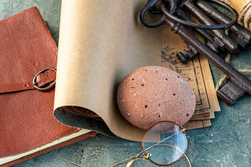old keys and symbols in wood and with little natural light