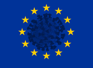 european union flag with Sars cov-2 virus in the middle