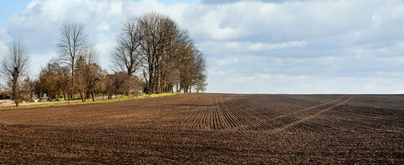 Spring landscape at border of arable land and farm yardland