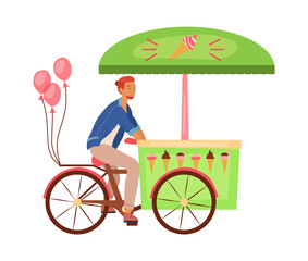 Concept Of Streed Food. Young Boy Student Sale Ice Cream Riding Mobile Ice Cream Cart With Many Types Of Ice Cream And Pink Balloons Isolated On the White Background. Cartoon Flat Vector Illustration