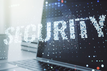 Cyber security creative concept on modern laptop background. Double exposure