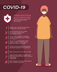 Covid 19 virus prevention tips and man avatar with mask vector design