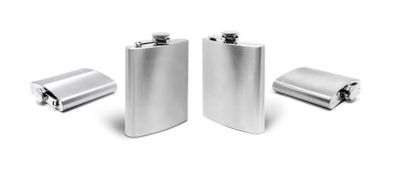 Stainless hip flask to use alcohol complect isolated on white