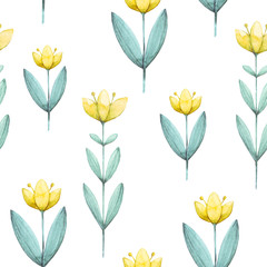 Cute yellow tulips. Branch of flowers on a white background. Fresh spring print with opened tulips for print, fabric, textile, wallpaper, wedding printing. Watercolor seamless pattern.