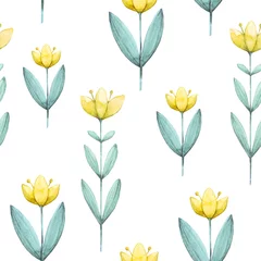 Keuken foto achterwand Aquarel prints Leuke gele tulpen. Tak van bloemen op een witte achtergrond. Frisse lenteprint met geopende tulpen voor print, stof, textiel, behang, bruiloftsdruk. Aquarel naadloze patroon.
