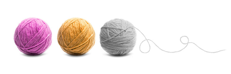 Different color balls of threads wool yarn isolated on white - obrazy, fototapety, plakaty