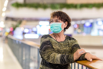 Old asian woman in a mask for COVID-19, for protection against the crown virus. Asian senior woman with protective mask because dirty air smog, PM2.5. Coronavirus old woman walking with surgical mask