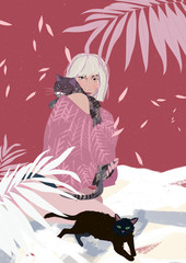 Pretty young girl and her cats next to night sky. Portrait of adorable pet owner and cute domestic animals. illustration in flat cartoon style.