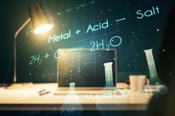 Creative chemistry hologram on modern laptop background, pharmaceutical research concept. Multiexposure