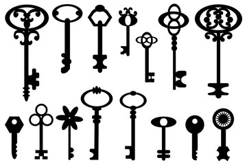 Keys of different types, different sizes with patterns, vintage type from doors, gates, gates. Vector illustration. Stock drawing.