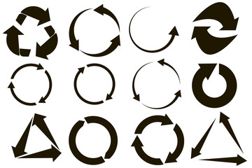 Original circular arrows of black color on a white background, with a round, triangular path. Vector illustration. Stock drawing.