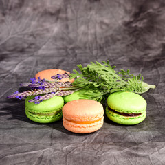 Macaron cakes and lavender floewrs.