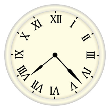 Ivory-white wall clock with white rim, with Roman numerals in black. Vector illustration. Stock drawing.
