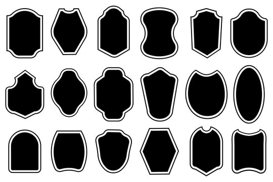 Shields of black color, different shapes, the same size. Set of black icons in the shape of shields. Vector illustration. Stock drawing.