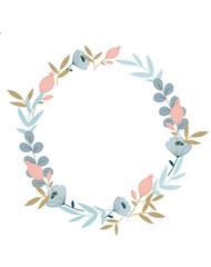 Illustration design of a wreath of leaves and pink eucalyptus flowers. Drawn by hand, in the center and place for text on a white background. For invitations, wedding designs and greeting
