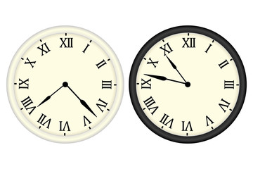 The watch is two pieces with a black and white rim, with Roman numerals. Vector illustration. Stock drawing.
