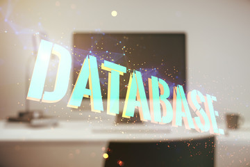 Double exposure of Database word sign on laptop background, global research and analytics concept