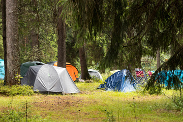 Adventures Camping tourism and tent under the view pine forest landscape near water outdoor in morning and sunset sky at Pang-ung, pine forest park