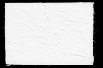 White paper poster mockup isolated on black background. Blank glued creased paper sheet texture