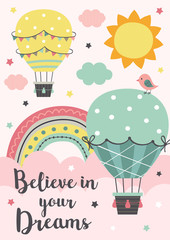 poster with two Hot Air Balloon flying in the pink sky
  - vector illustration, eps    
