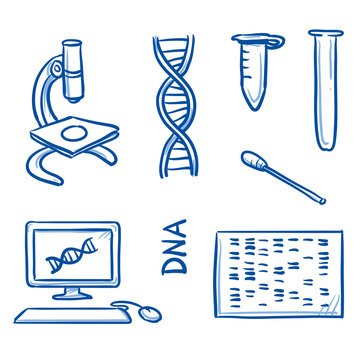 Set of different icons of genes, diseases and treatment, for medical info graphics. Hand drawn line art cartoon vector illustration.