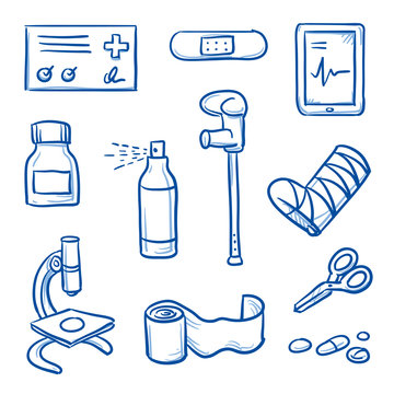Set of different medical icons of wound care and treatments for medical infographics. Hand drawn line art cartoon vector illustration. 