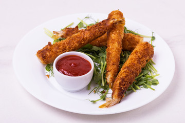 Tempura deep fried shrimp fish with tomato sauce. street food.