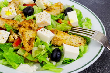 Vegetable salad with tofu and chicken breast.