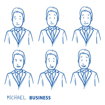 Business man in different emotional head shots, symbolizing happy, sad, angry, depressed. Hand drawn line art cartoon vector illustration.
