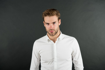 Obraz premium Financial consultant. White collar worker. Menswear formal style. Handsome office worker. Clerical and middle chain management. Man well groomed formal shirt. Formal fashion. Professional occupation