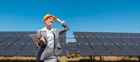 Business woman or investor inspecting her solar farm