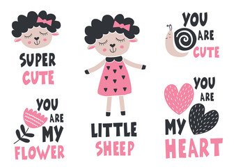 set of isolated little sheep, snail, flower, heart and cute lettering
  - vector illustration, eps    