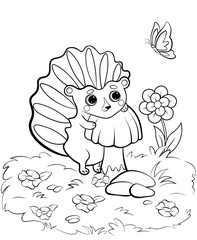 Coloring page outline of cute cartoon hedgehog with mushroom. Vector image with nature background. Coloring book of forest wild animals for kids