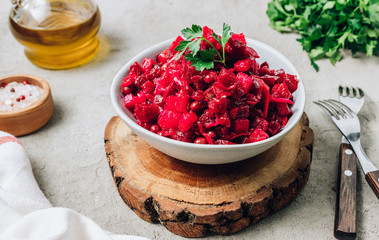 Beet salad. Russian beetroot salad with beetroot, potato, carrot, pea and oil dressing