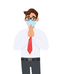 Young businessman wearing medical mask and greeting with hands together. Person with eye glasses saying namaste gesture sign. Healthy life. Male character design illustration in vector cartoon style.