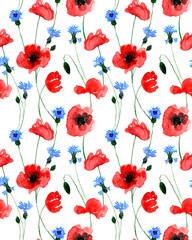 Watercolor seamless wild field poppy and cornflower flower pattern. Endless print for textile, clothes, fashion, linens, dress, cover, wallpaper. Hand painted art in modern trendy style.