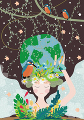 Mother earth day poster with planet, nature and beauty woman. Cute cartoon Vector Girl with wild natural forest and globe, World environment background, Save the earth and Earth day, Green day concept