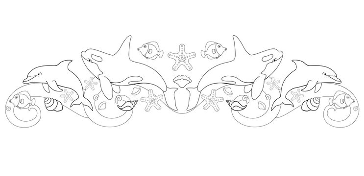 Symmetrical children's coloring with sea inhabitants - killer whales, dolphins, fish, shells and starfish in the waves. Marine vector coloring antistress. Linear picture about the ocean. Outline.