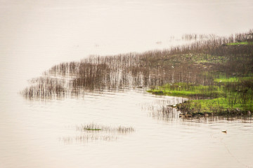 Fengdu, China - May 8, 2010: Nature shot on silver flat Yangtze River with brown shoots and some...