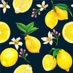 High quality lemon watercolor seamless pattern with fruits and flowers