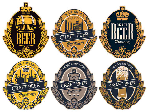 Set of six vector labels for craft beer of a private brewery in the form of a coat of arms in retro style. Label templates with wheat or barley ears, hops and crown in an oval frame