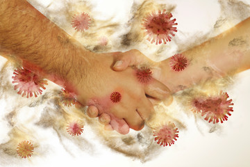 hand infecting another hand.
Infection transmission concept
COVID-19.
Hands greeting each other.
Infected person transmitting disease virus to another