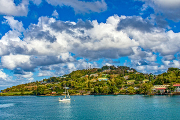 Coastline view with villas and resorts on the hill, Castries, Saint Lucia