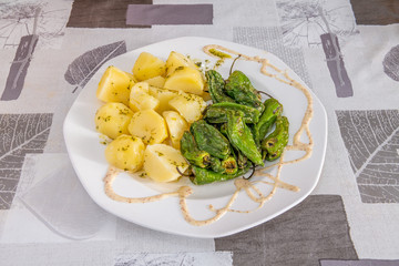 garlic potatoes with padrón peppers