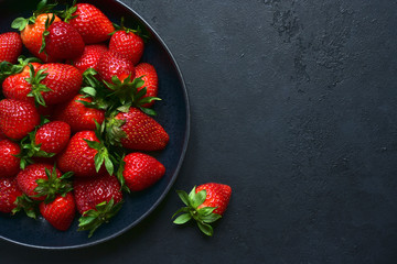Fresh ripe organic strawberry. Top view with copy space.